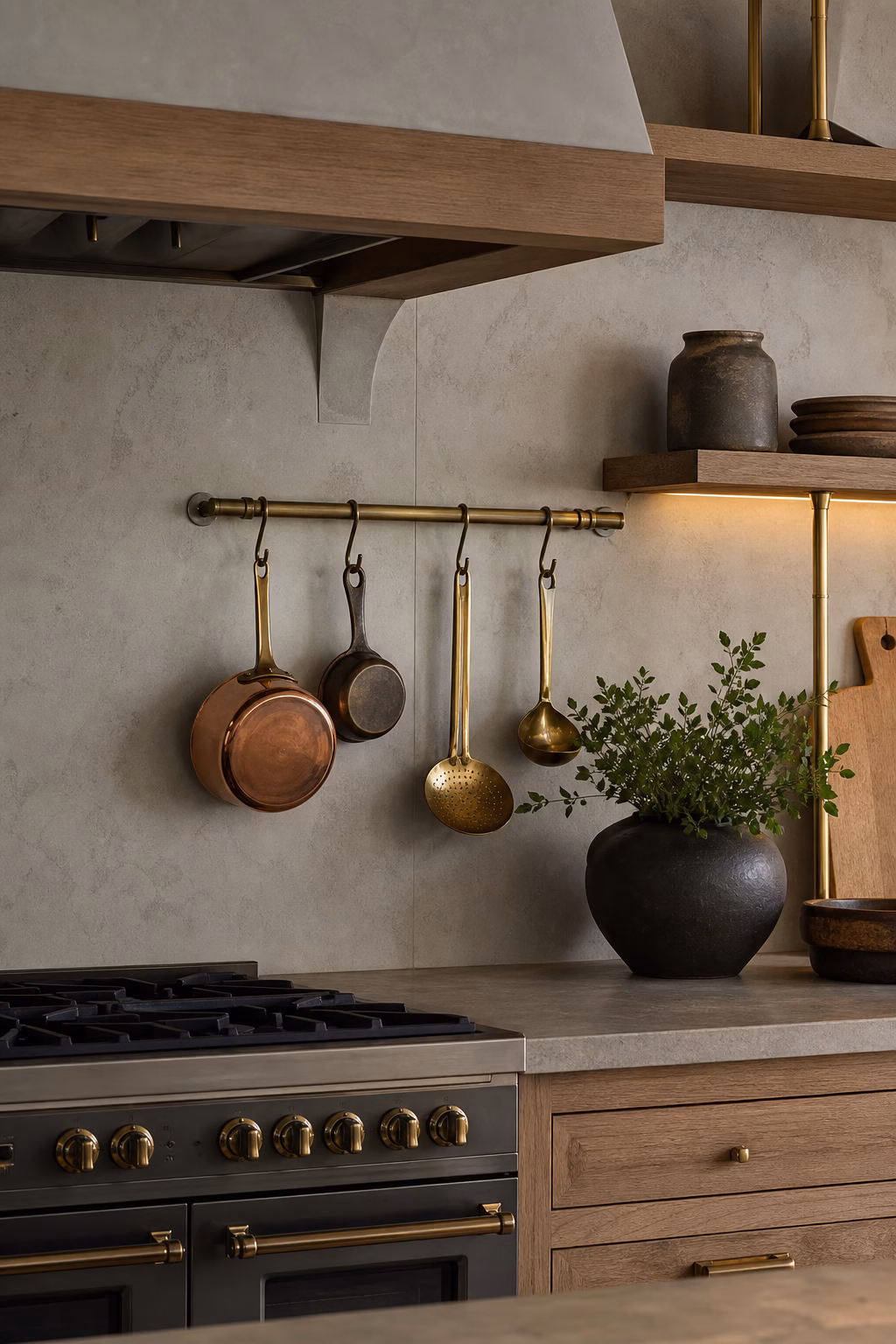 Aged brass kitchen pot rail with copper pan skillet and utensils