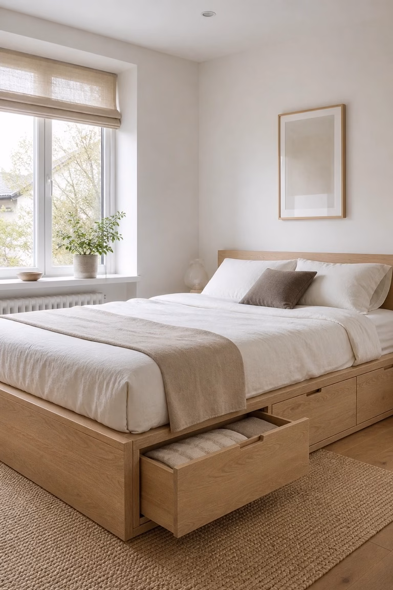 Pale oak storage bed in a bright tiny bedroom with simple drawer lines.