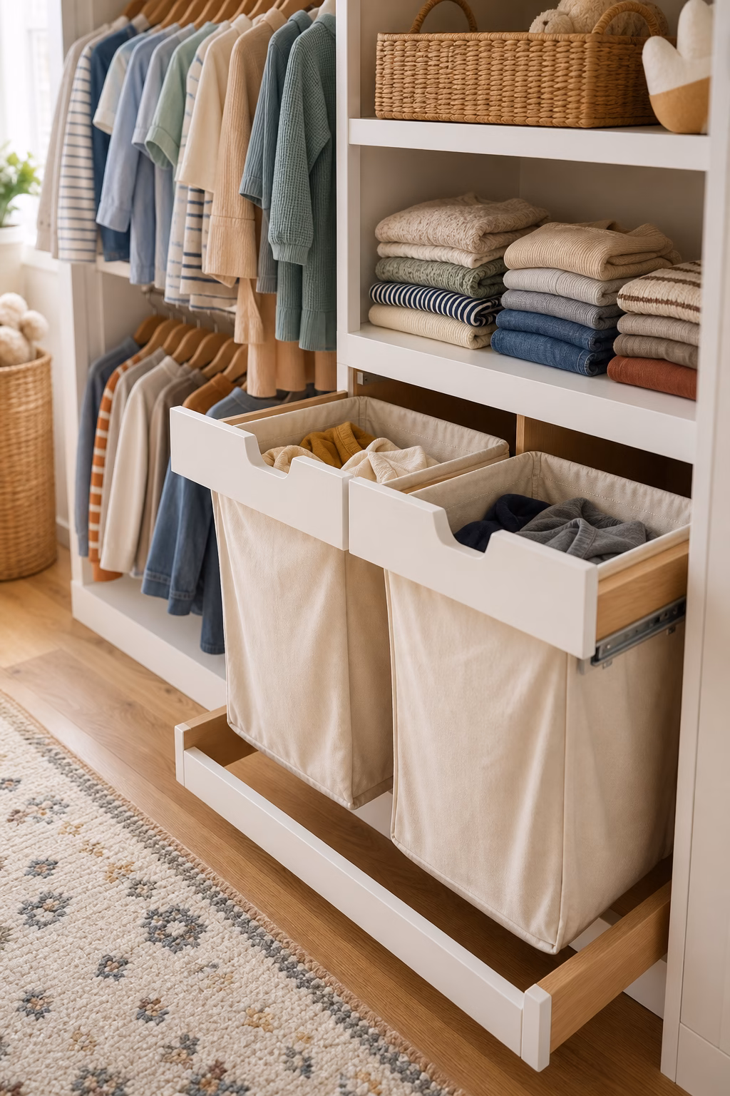 Children's closet with low pull-out canvas hampers, folded clothes, baskets, and reachable laundry storage.