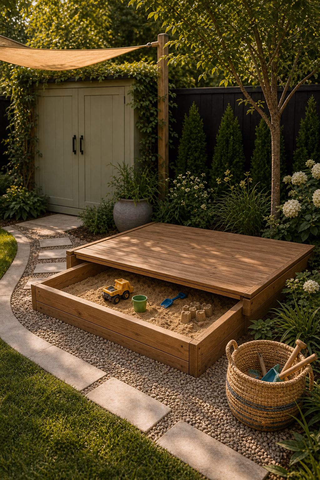 design a sand area with a lid shown in a polished kids backyard with realistic materials and natural light.
