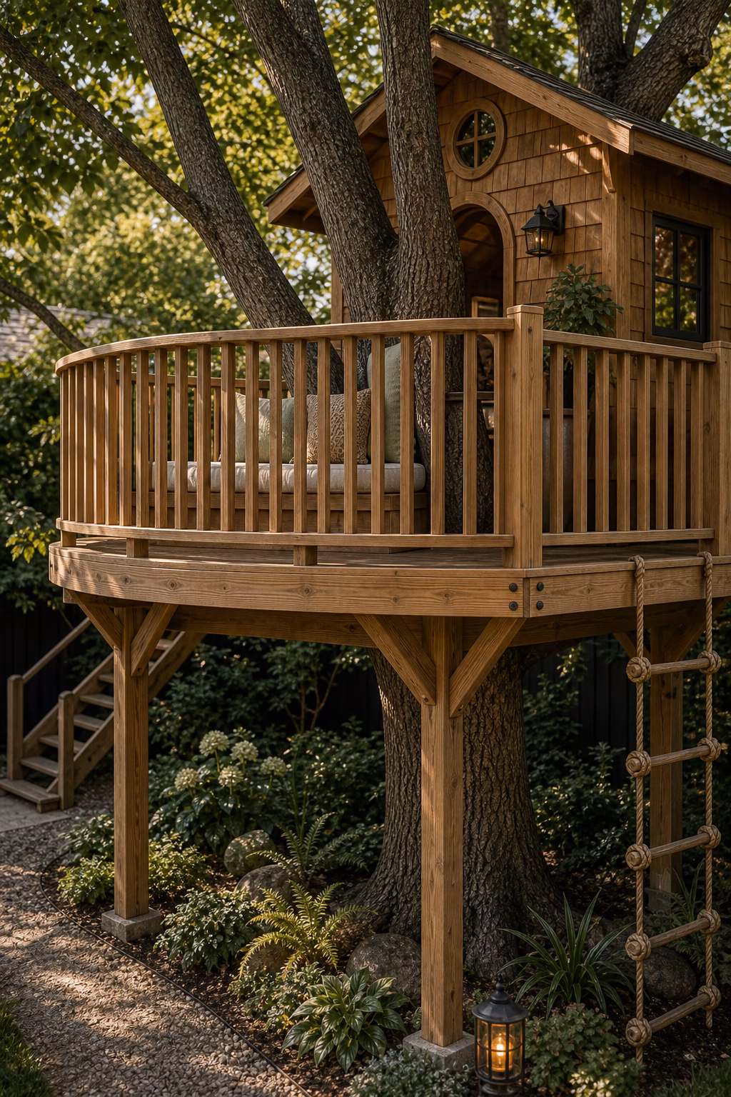 add railings that feel architectural shown in a polished treehouse with realistic materials and natural light.