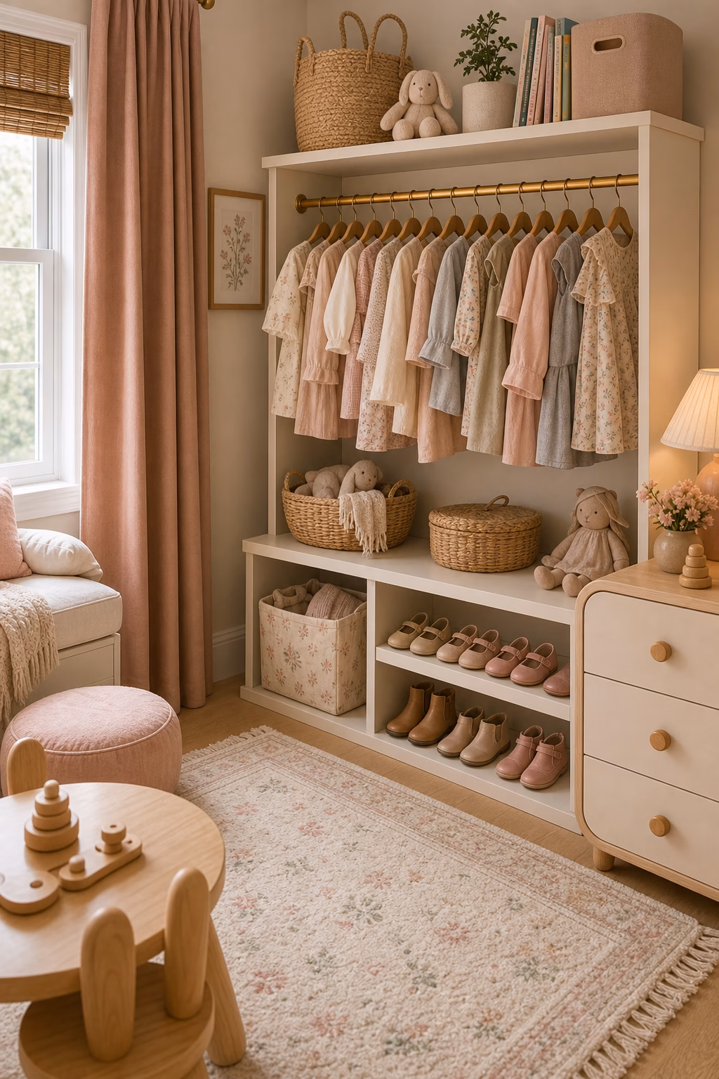 add a tiny wardrobe zone shown in a polished toddler girl bedroom with realistic materials and natural light.