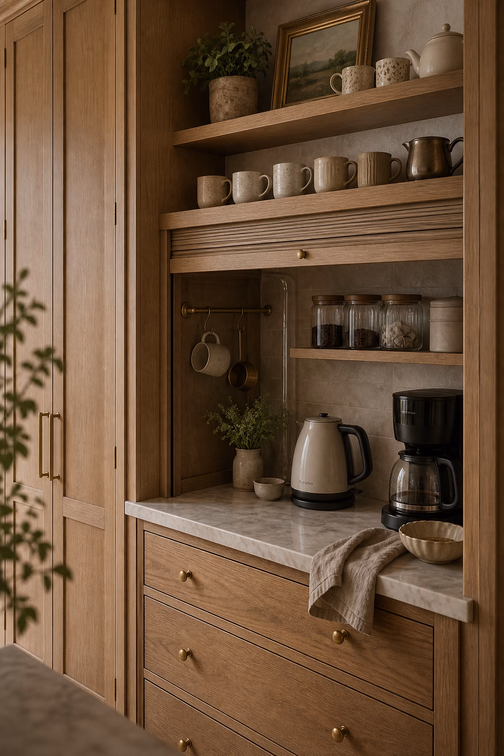 Compact luxury kitchen coffee station with oak shelves and stone backsplash