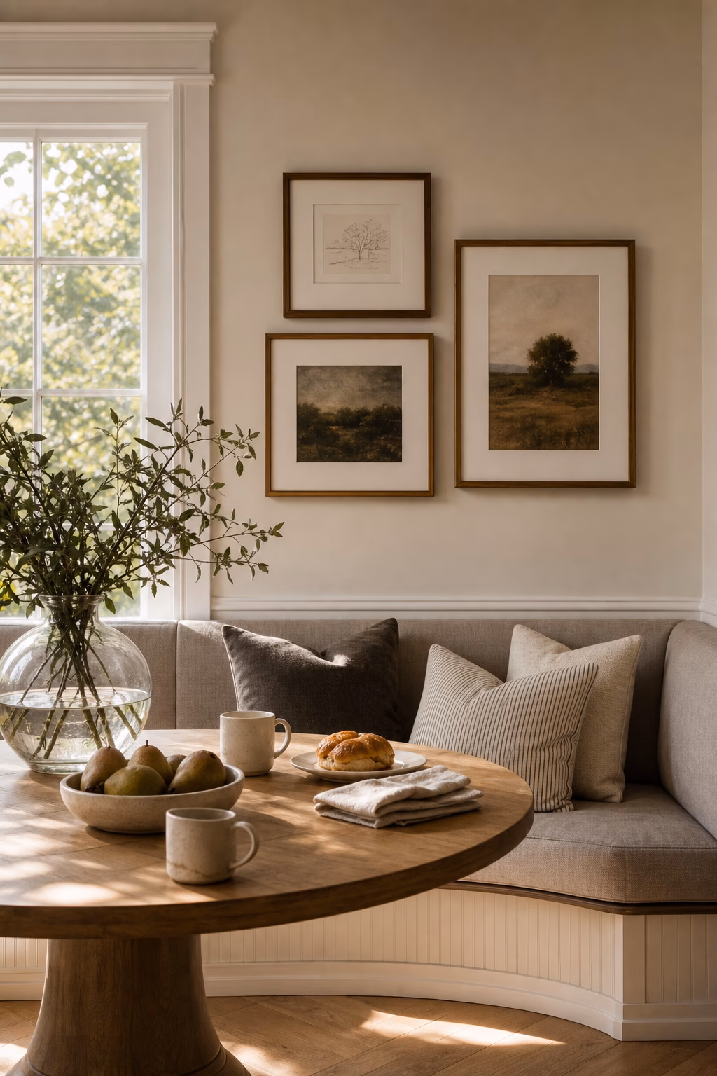 Breakfast nook with a small quiet gallery wall above the seating.