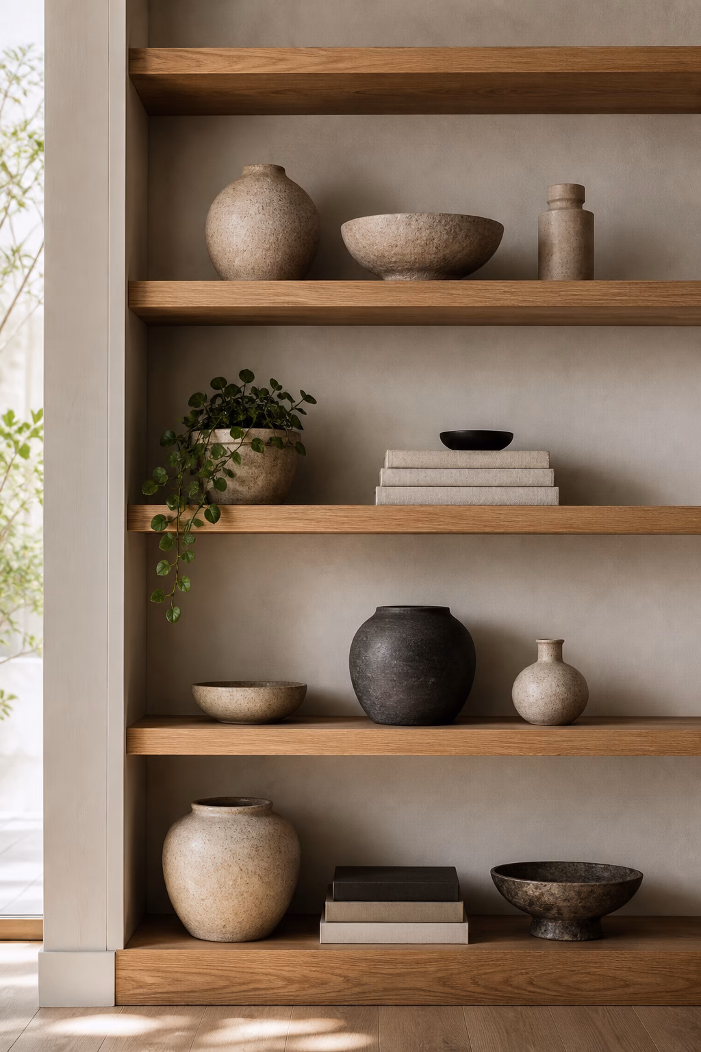 Uneven groups of three objects styled on open shelves