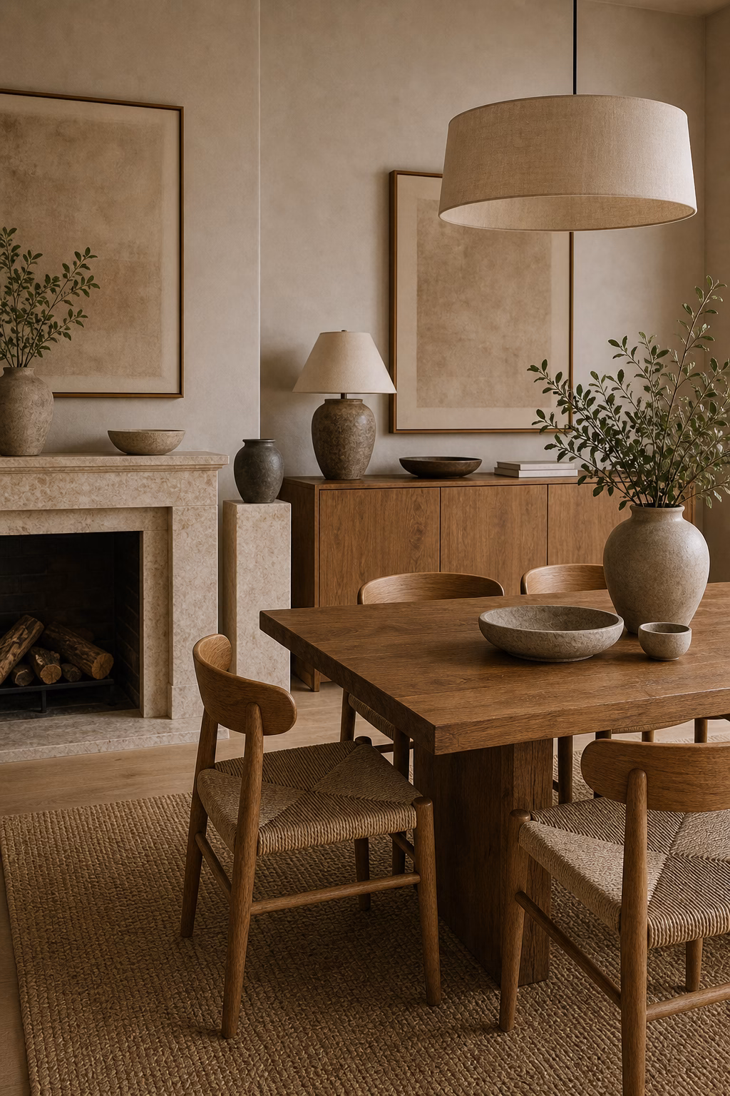 use stone as a quiet accent shown in a polished organic modern dining room with realistic materials and natural light.