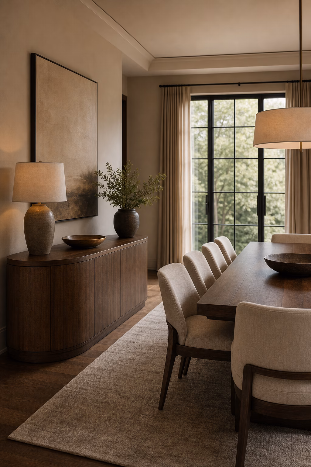 Curved contemporary sideboard styled beside an elegant dining table.