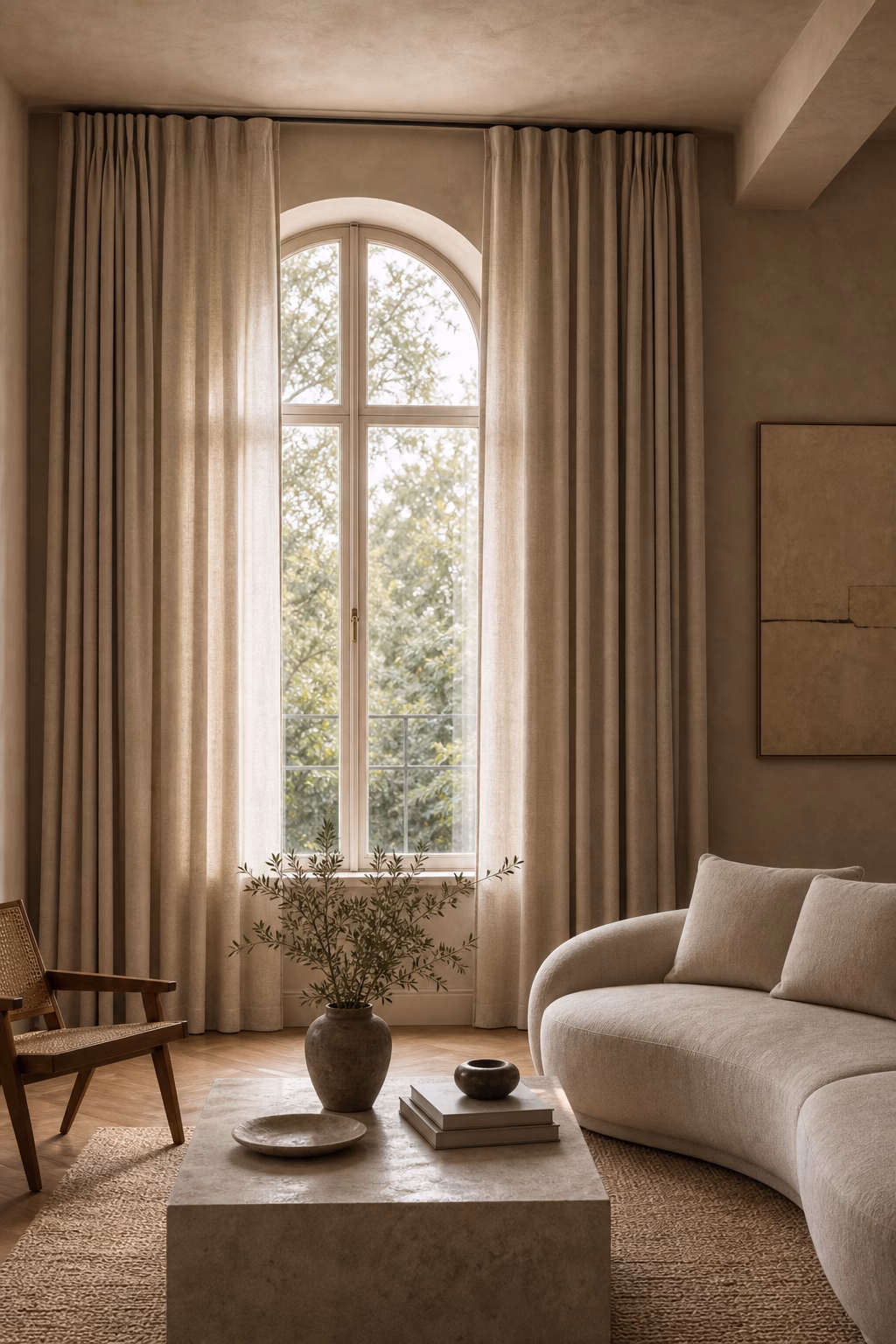 Tone on tone curtains matching warm plaster walls in a calm living room