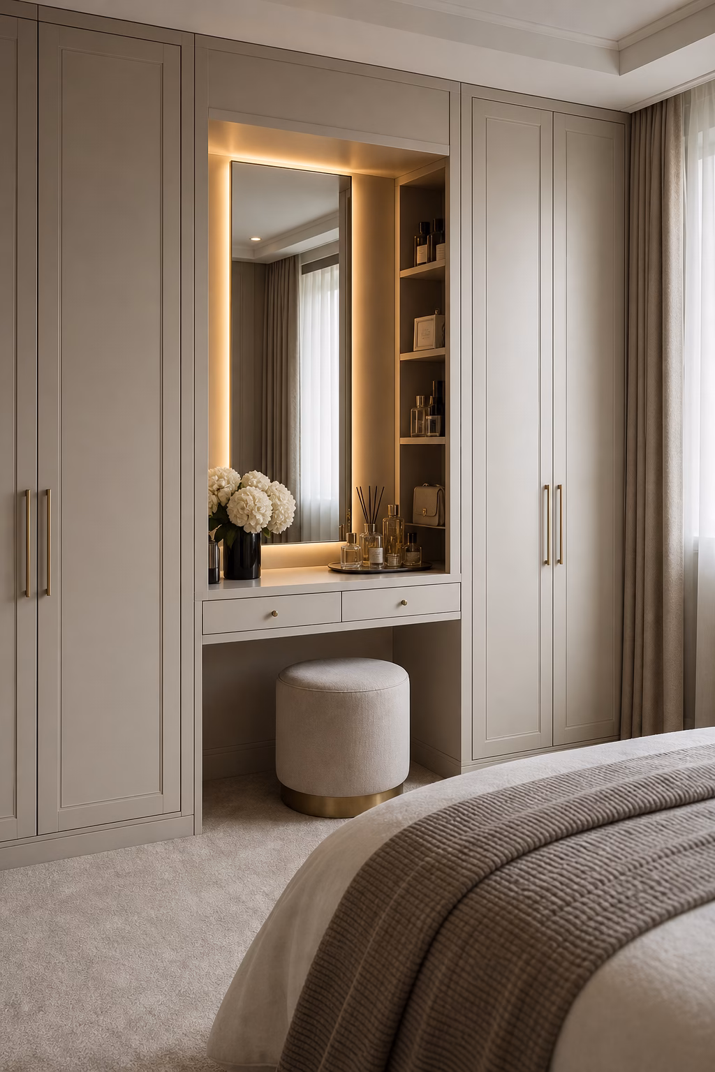 Built-in dressing table niche integrated into a wardrobe wall.