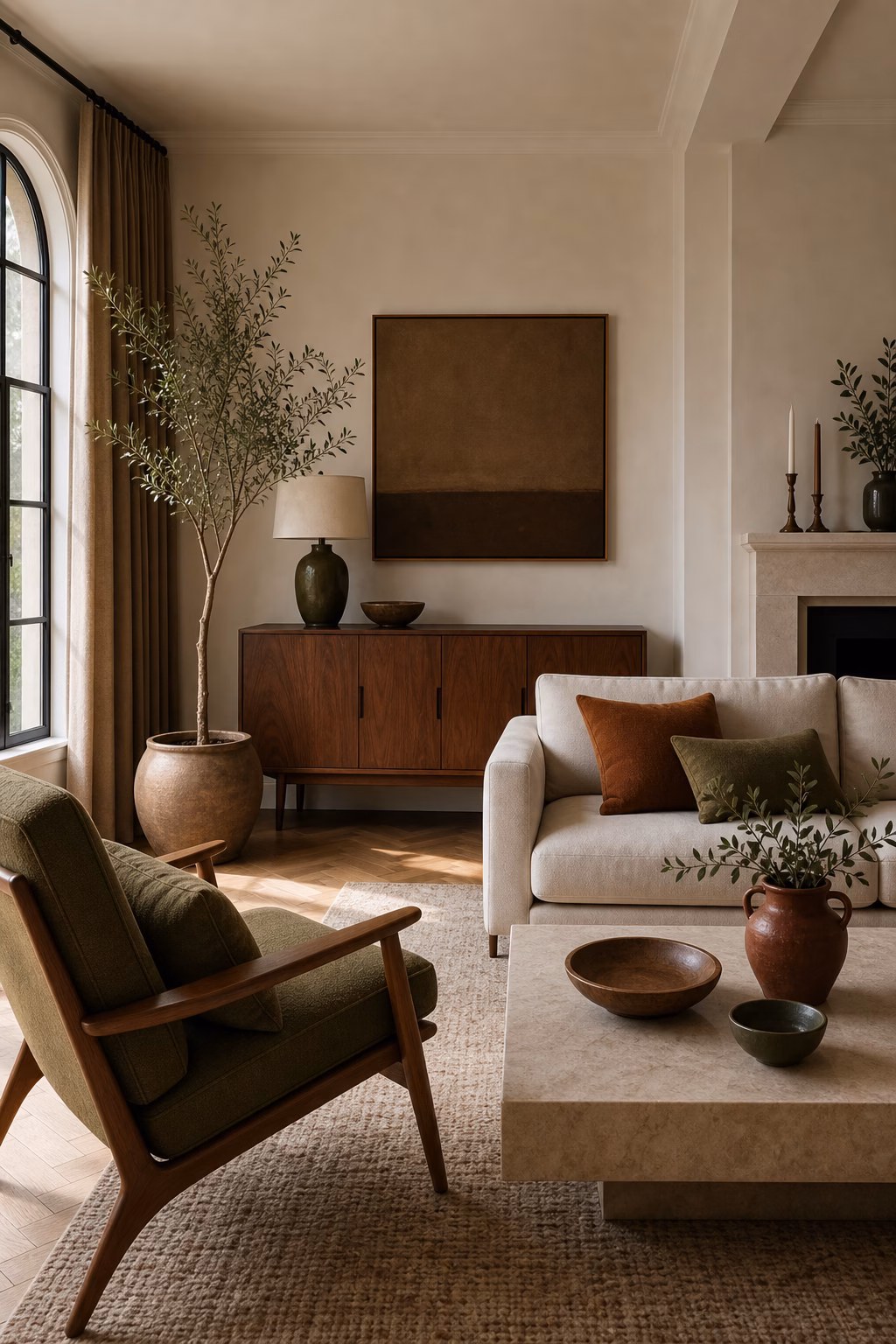 Warm neutral mid-century living room with olive and rust accents