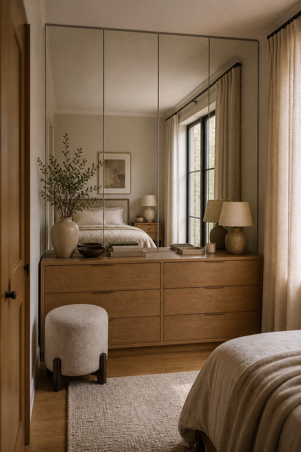 Wall-to-wall dressing mirror panels above a low oak dresser