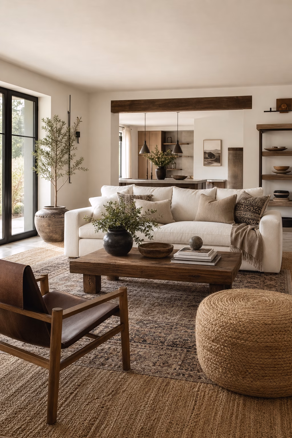 Layered rugs defining a high-end living room seating area