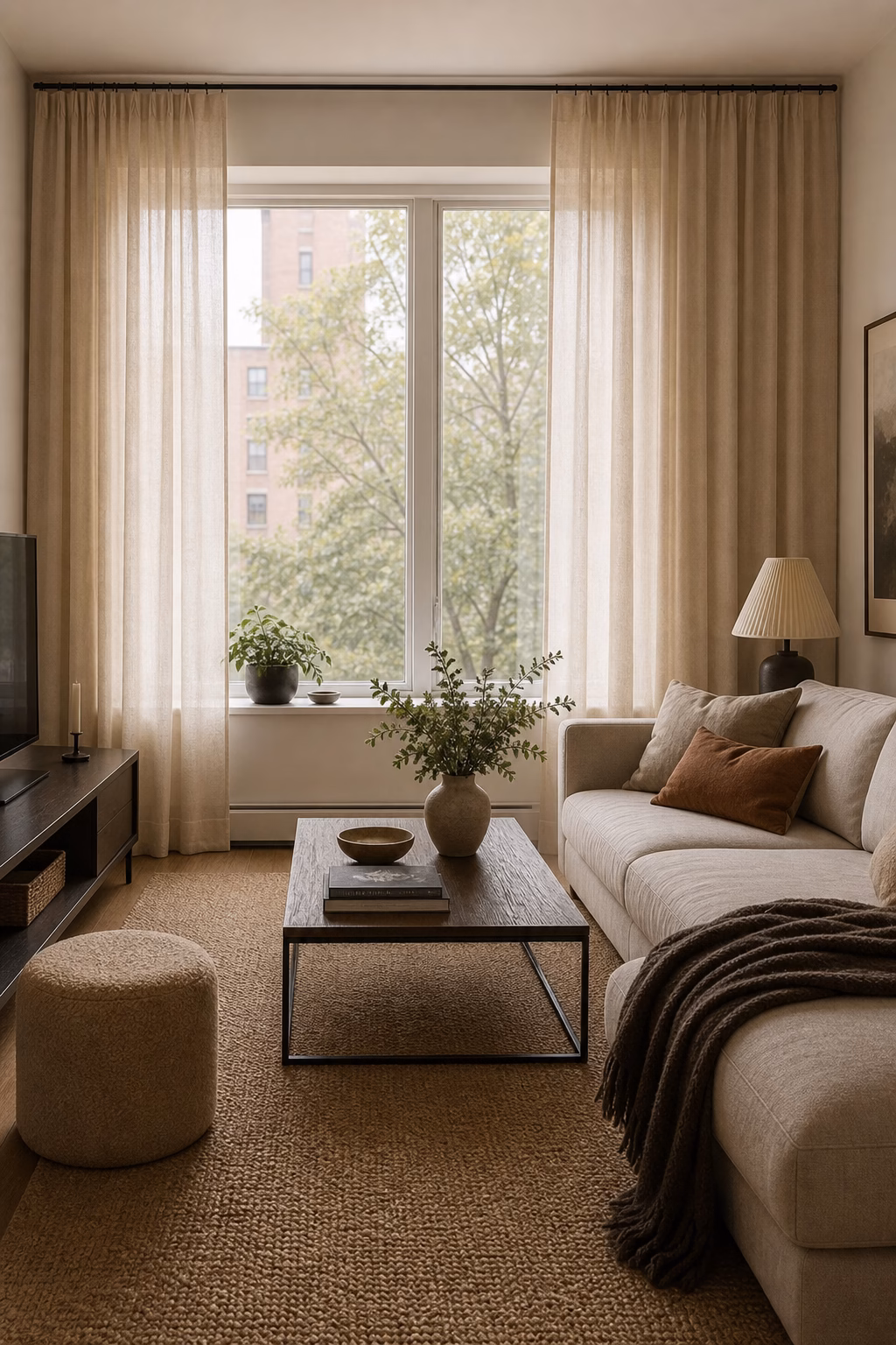 Apartment windows with full height linen curtains softening plain walls