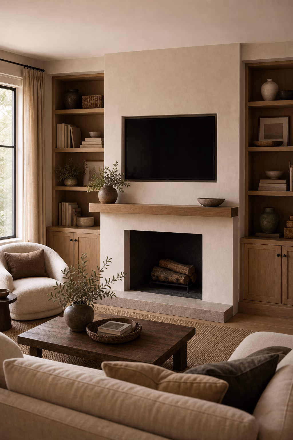 Television integrated quietly near a warm modern fireplace