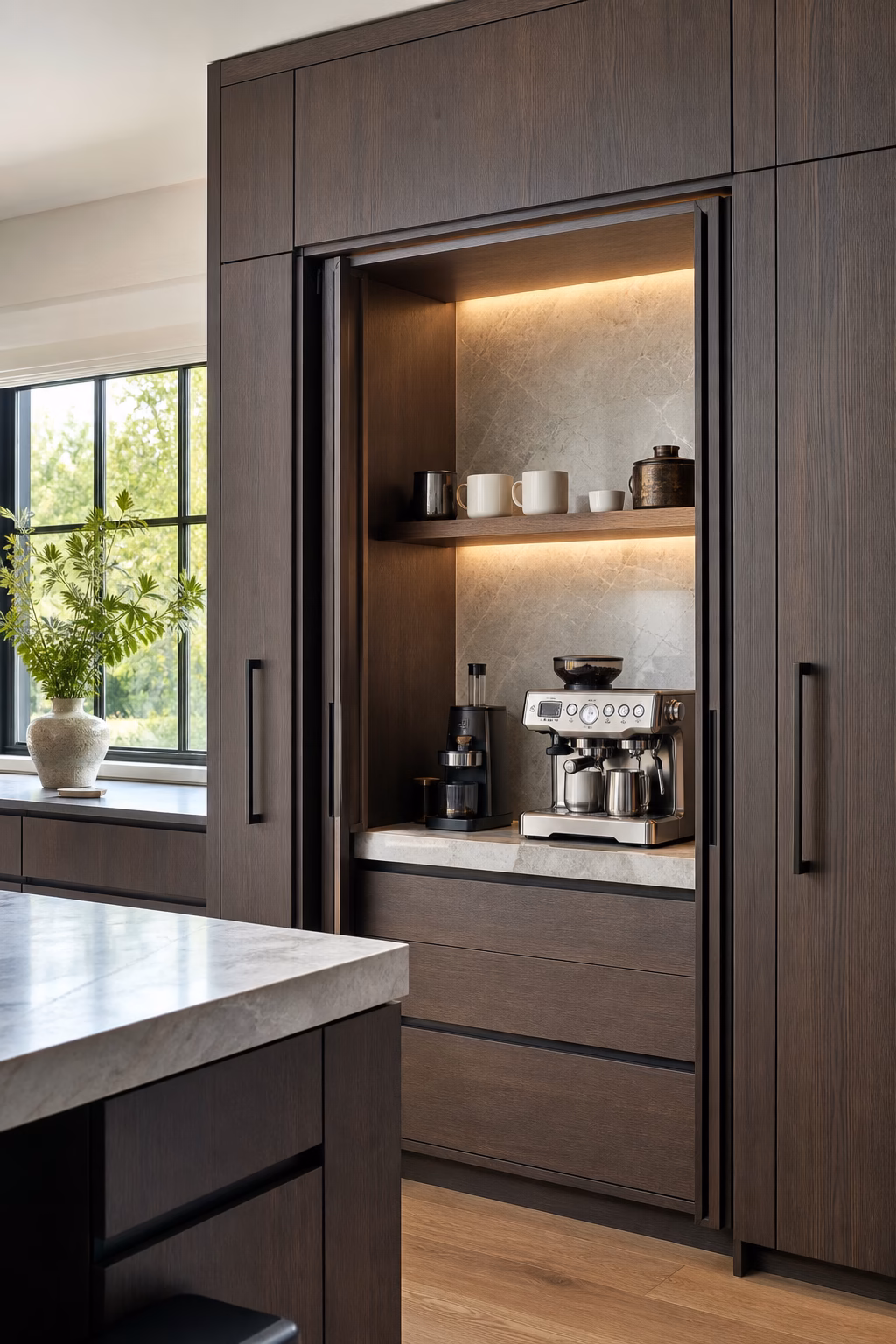 Built-in kitchen breakfast niche with pocket doors, espresso station, and integrated lighting.