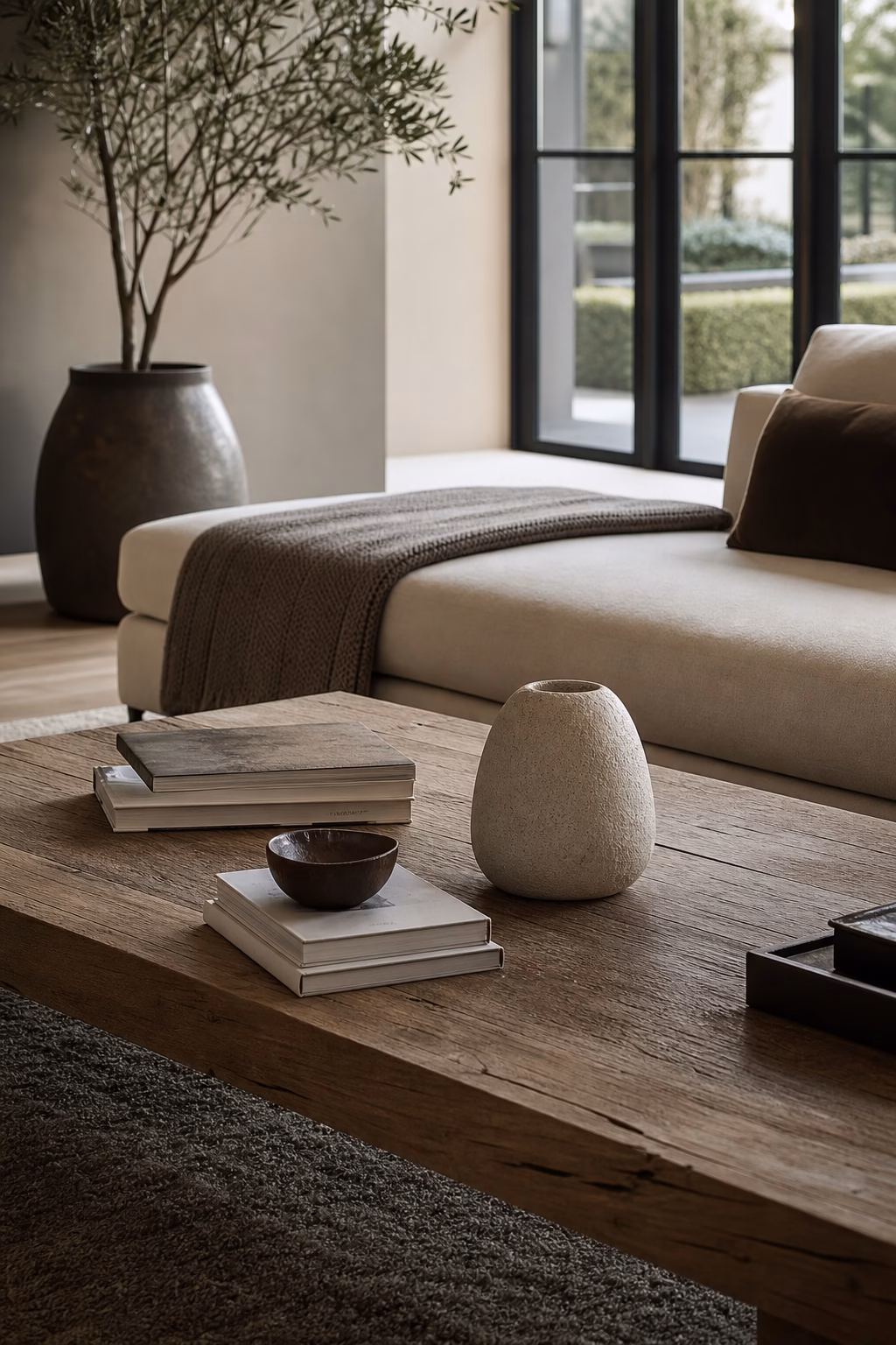 Aesthetic living room coffee table styled with books vessel and open space