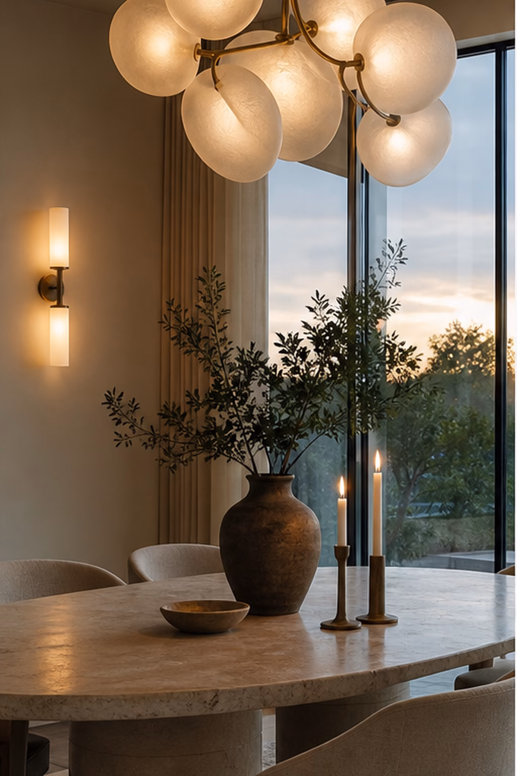 Sculptural modern lighting providing practical warm glow in a dining room