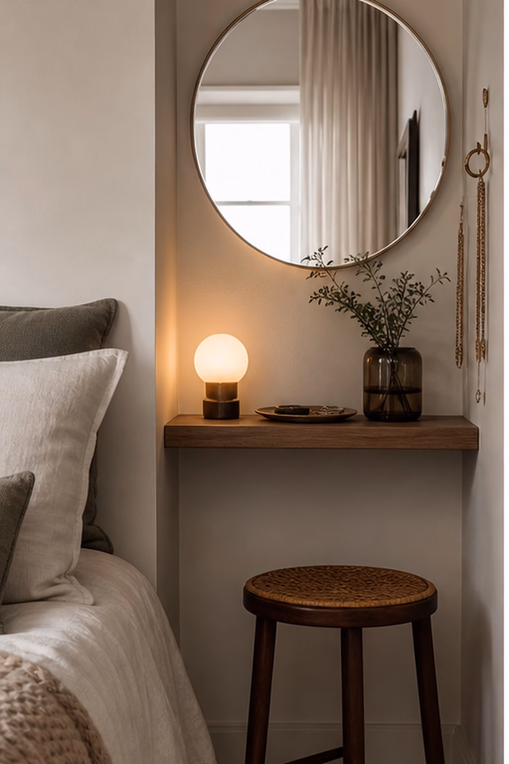 Round mirror creating a compact bedroom corner dressing spot