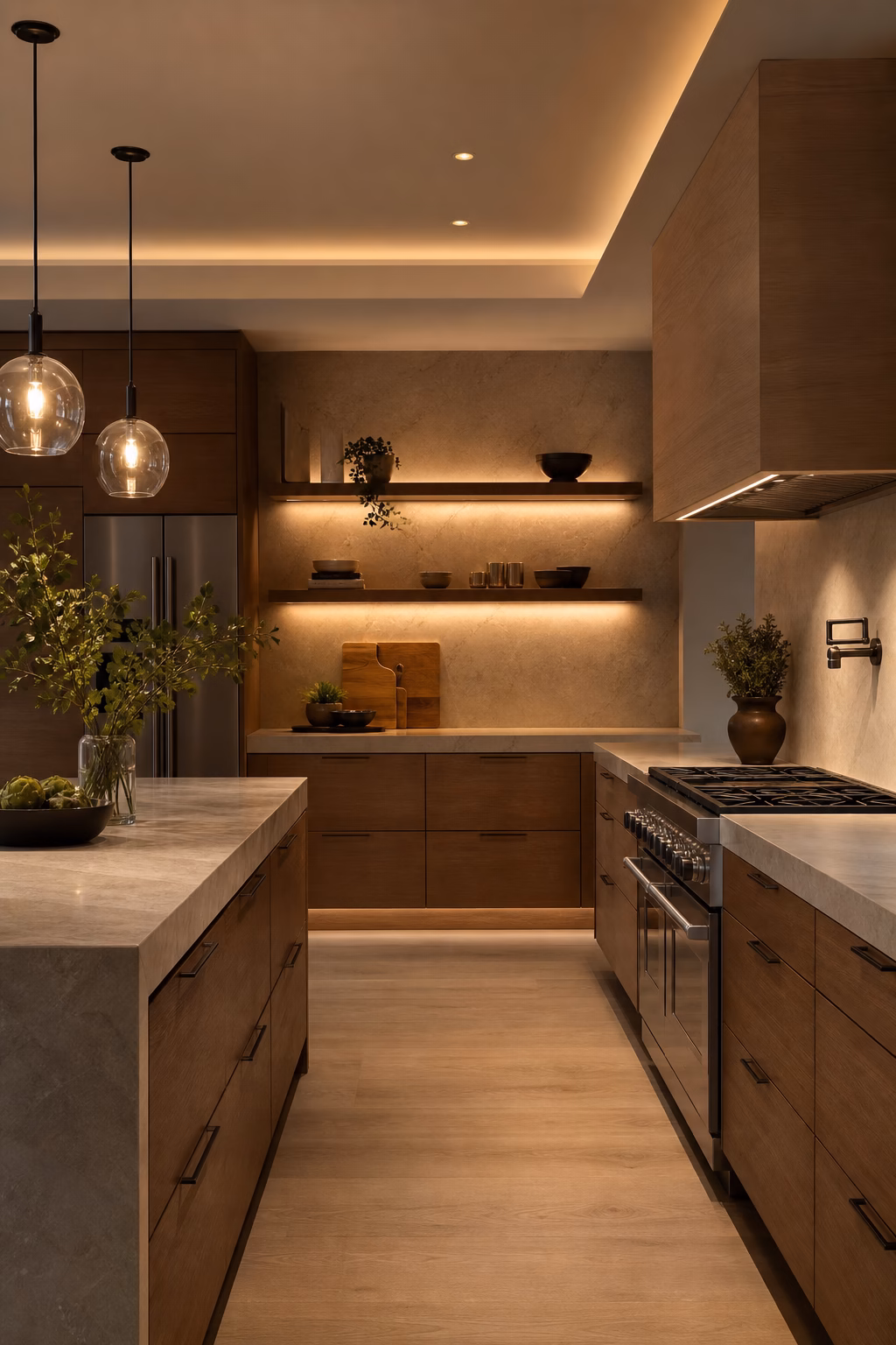 Minimalist kitchen remodel with three layers of warm lighting and elegant stone finishes.