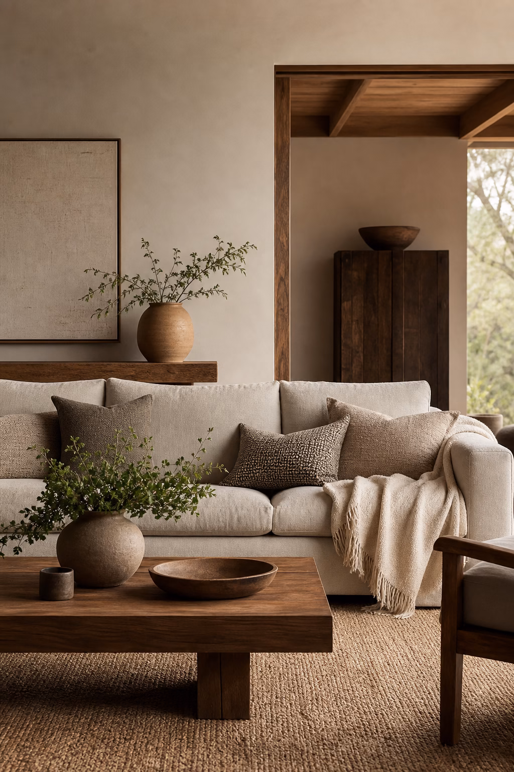 Earthy living room layered with linen sofa wool throw and textured pillows