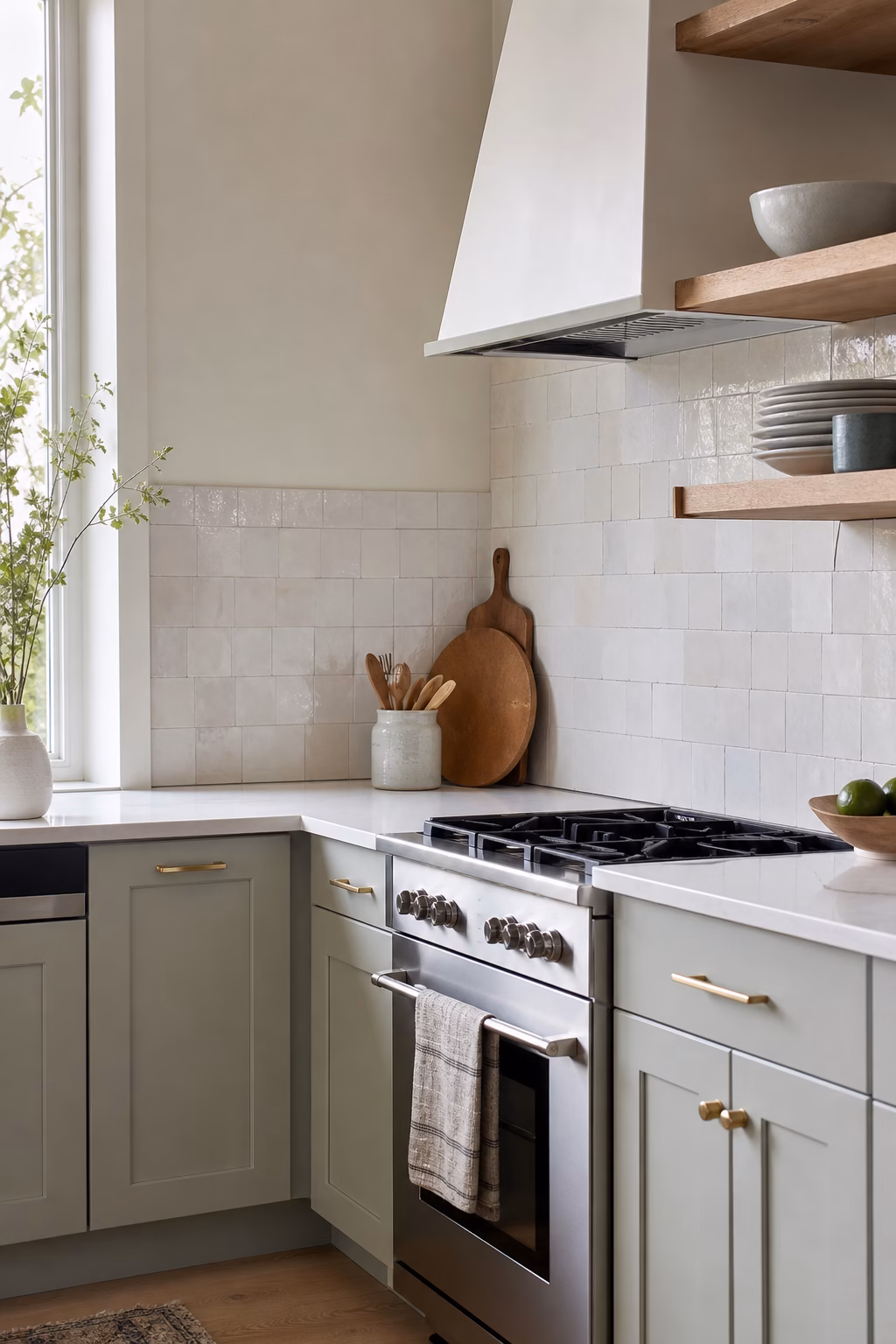 Small kitchen with softly reflective pale tile and calm natural light.