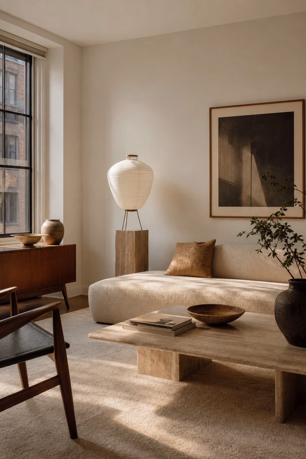 Small apartment styled with books handmade ceramics art and negative space