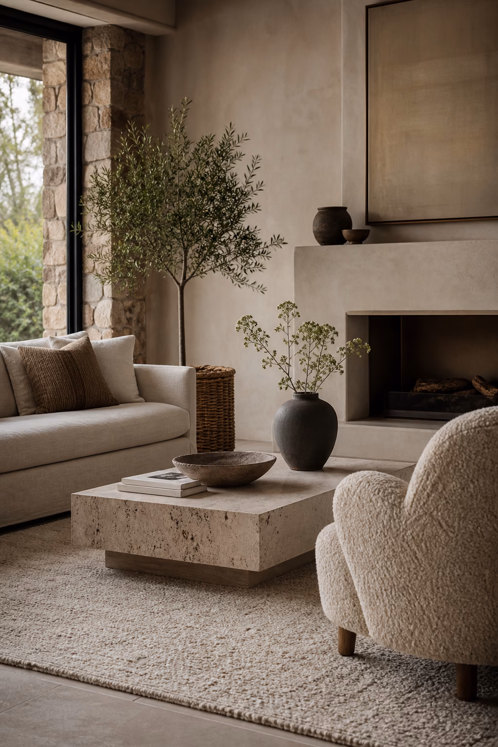 Textured warm living room with wool linen boucle and ceramics