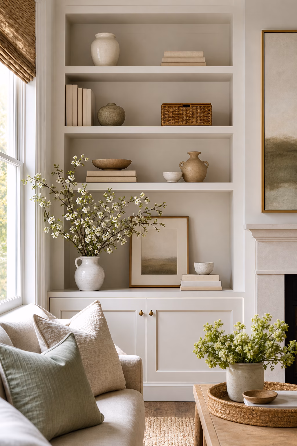 Spring shelves edited with pale ceramics branches and open space