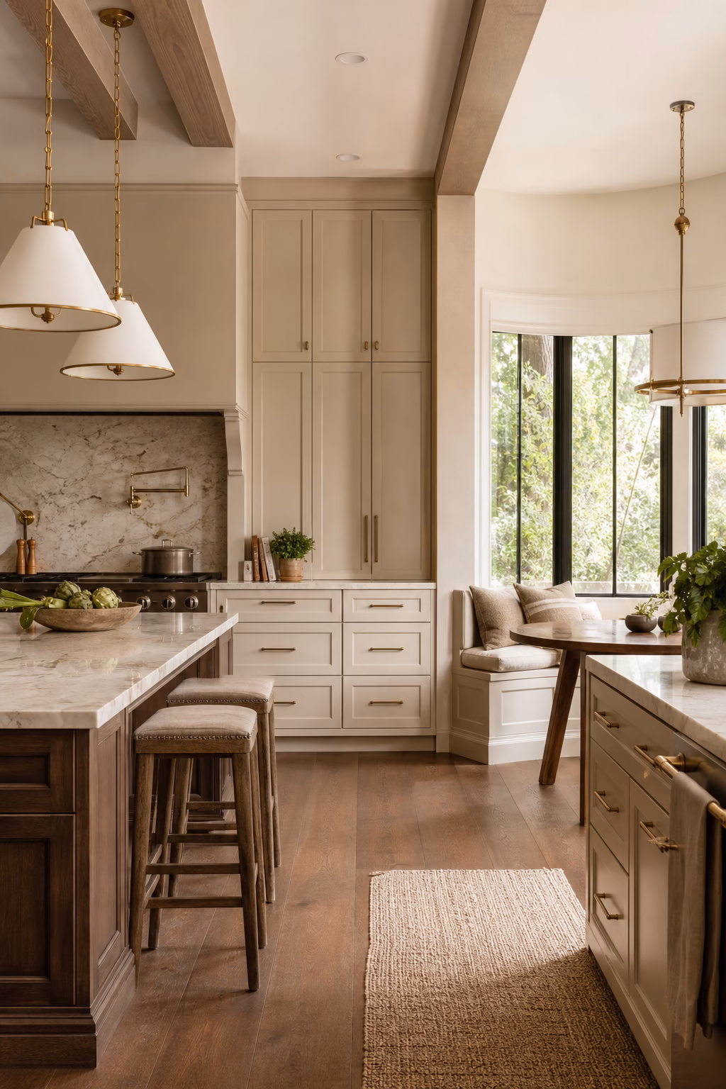 Modern kitchen corner converted into wraparound open shelving for everyday dishes.