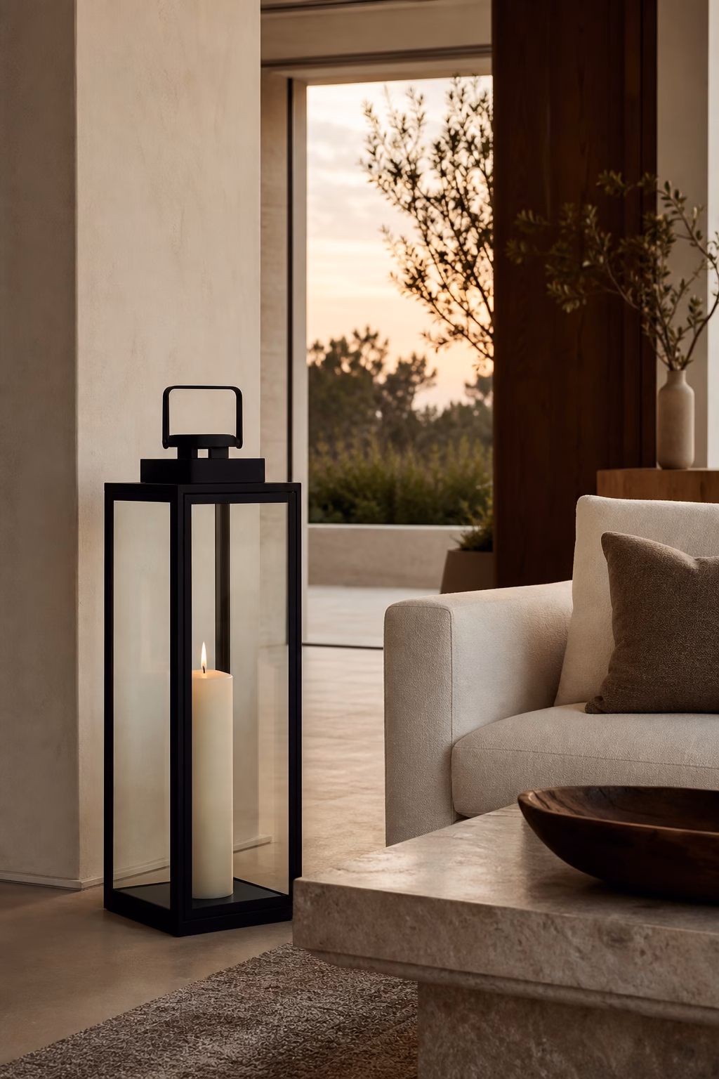 Oversized black metal candle lantern adding definition to a modern living room