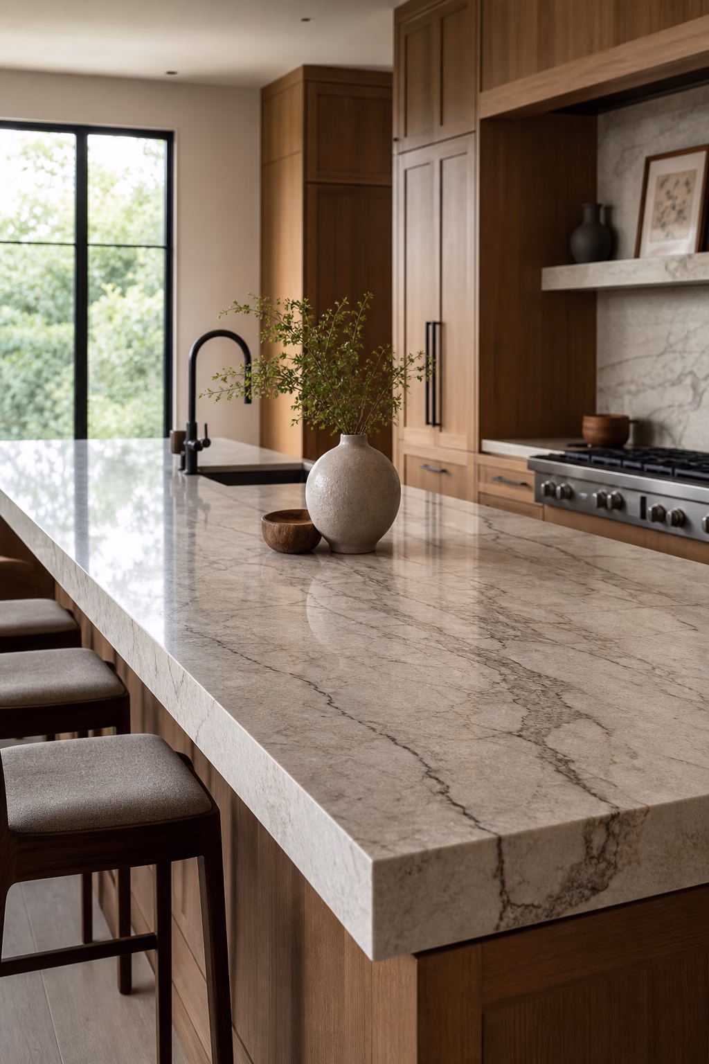Visible veined stone surface kept clear on a sleek kitchen island