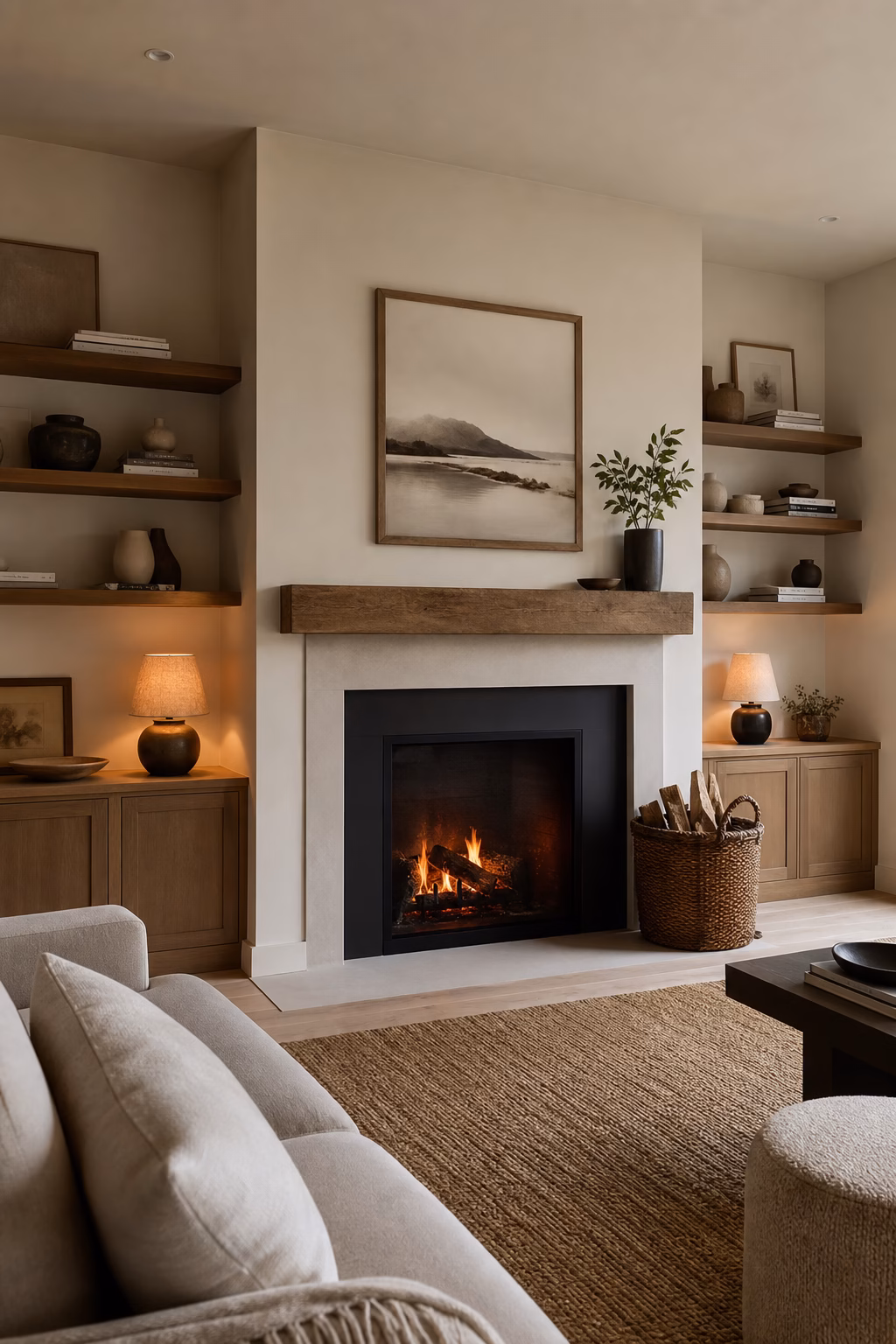 Cosy living room fireplace wall with shelves firewood and low storage