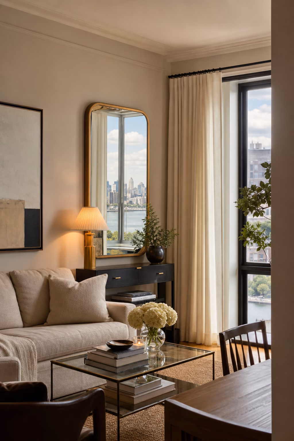Apartment living room mirror reflecting window light and art