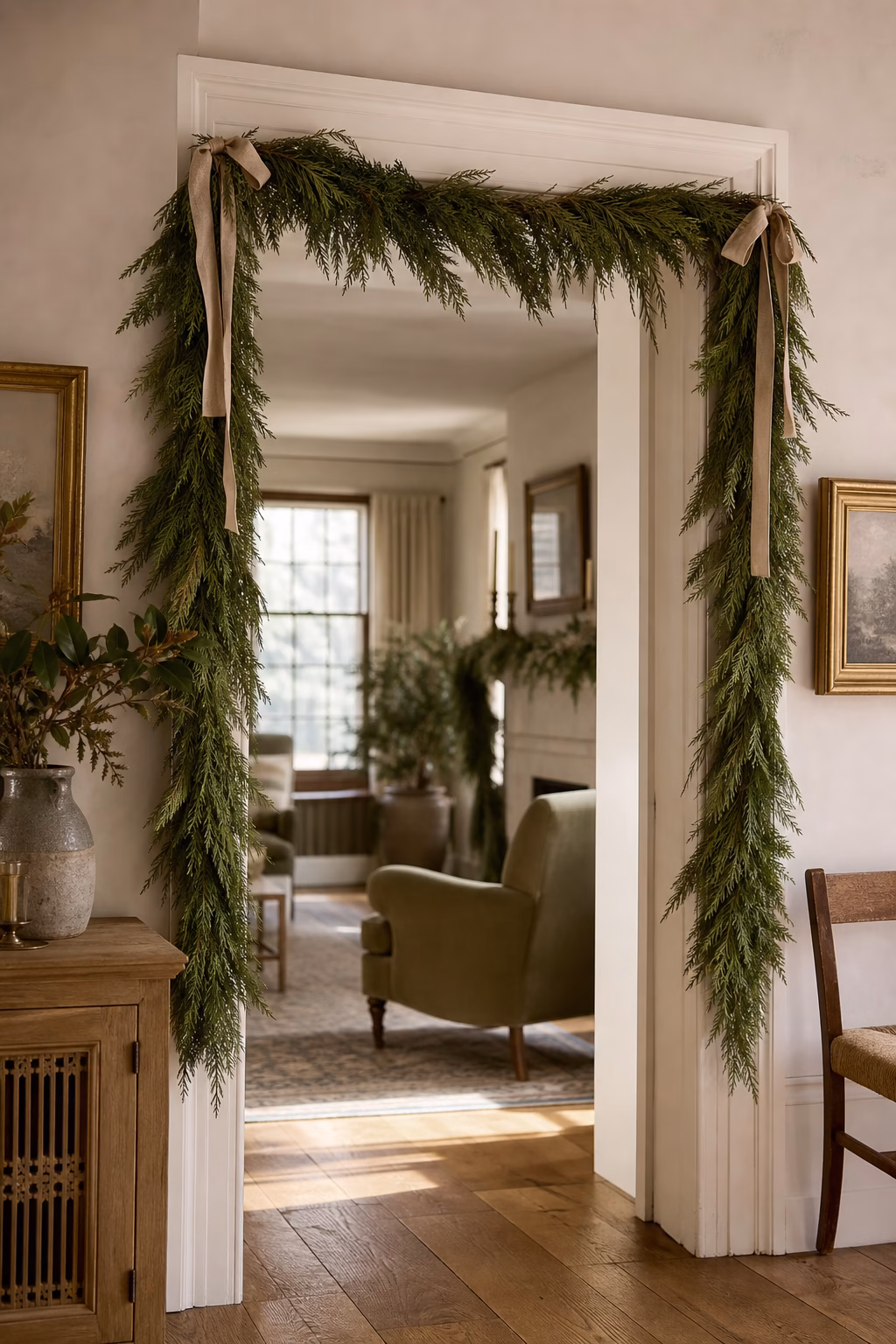 Fresh cedar garland framing an elegant interior doorway for Christmas