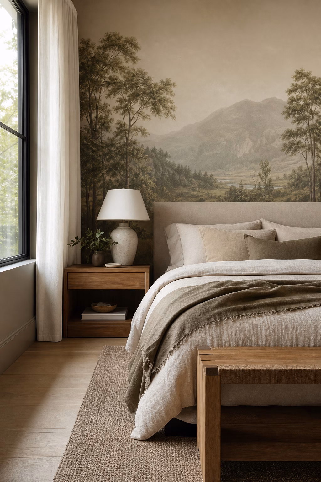 Removable landscape mural decal creating a serene bedroom backdrop