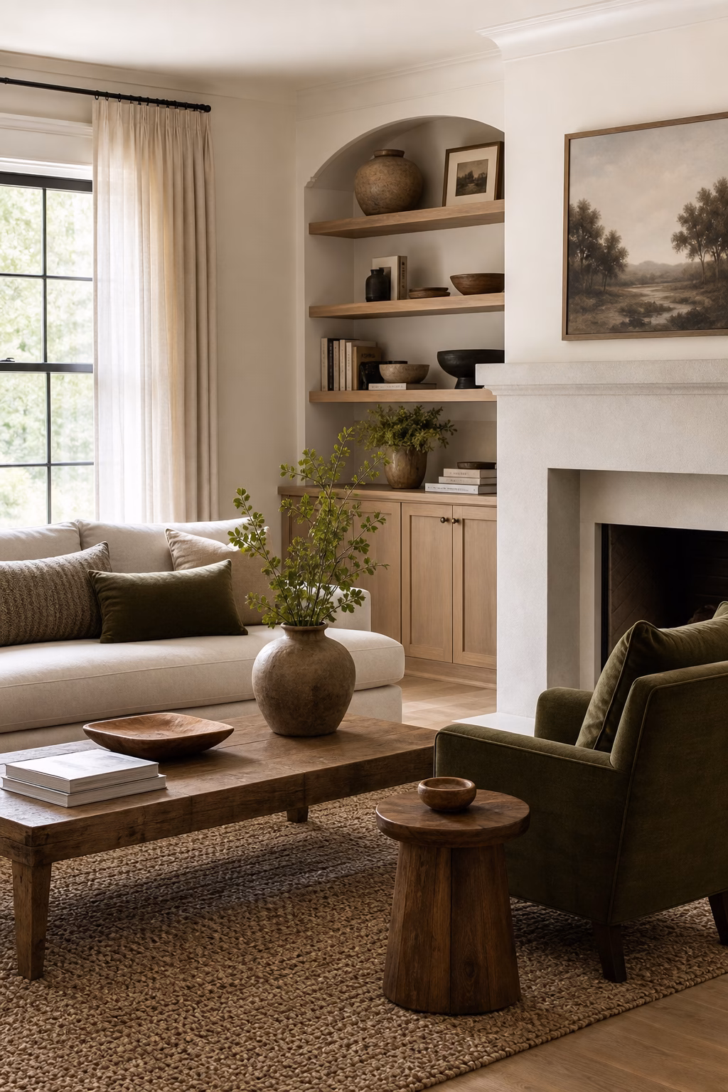 Neutral cozy living room with deep olive accent color, linen sofa, and warm wood furniture.