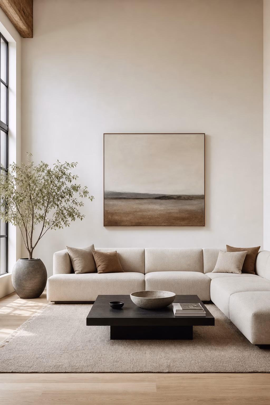 Minimalist living room with large artwork centered above sofa and generous blank wall