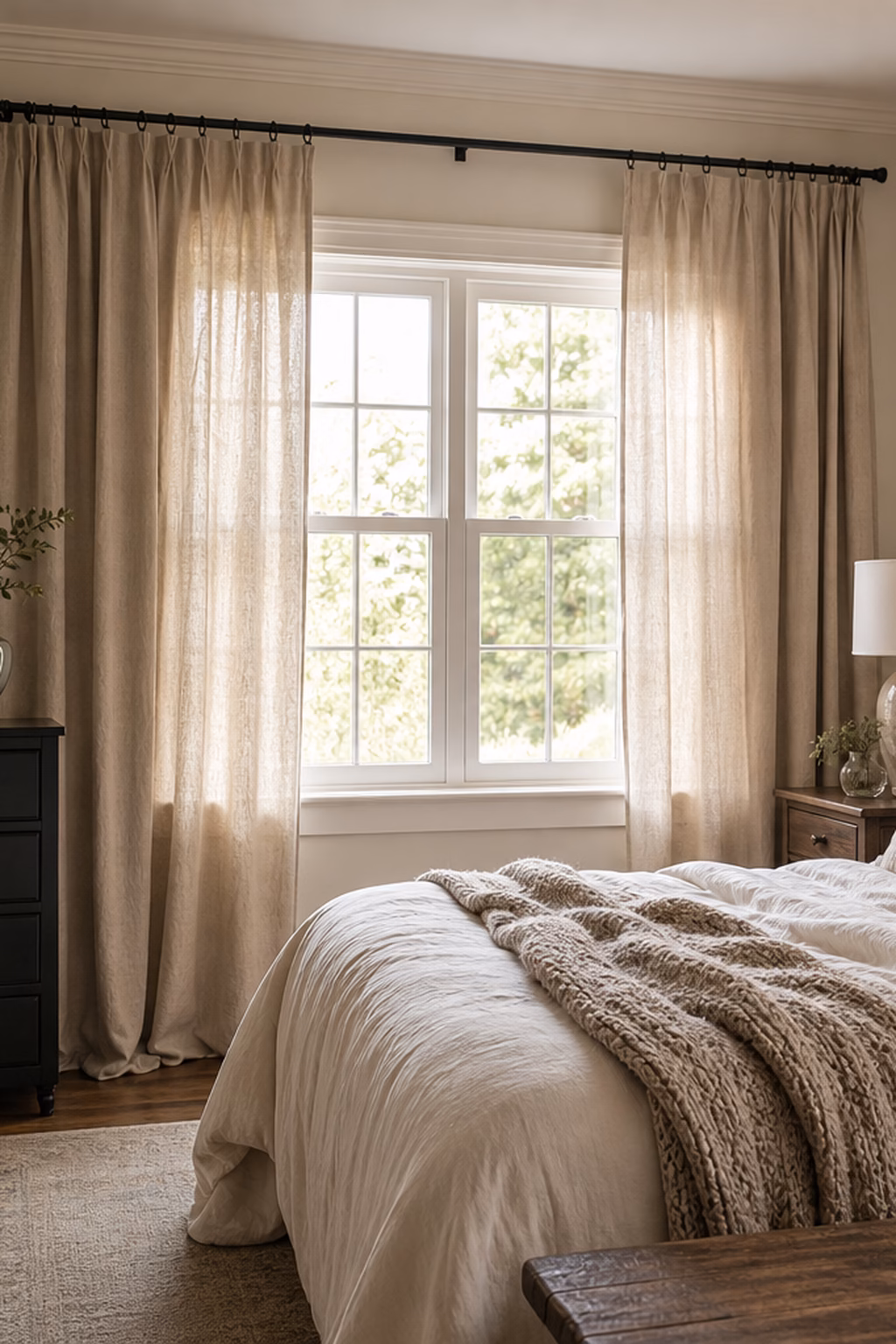 Black metal curtain rods holding linen curtains high and wide in a bedroom.