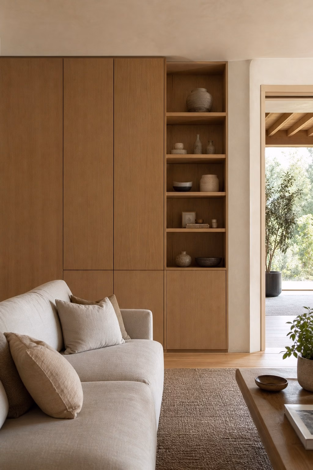 Seamless built-in storage keeping an elevated family room calm