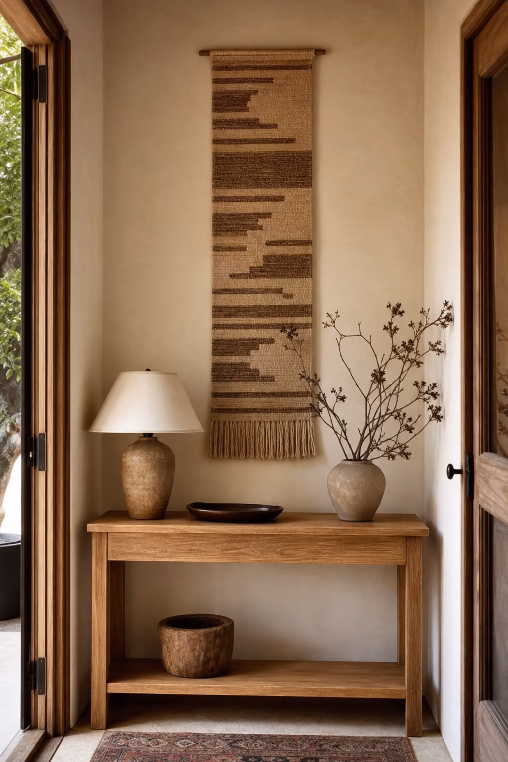 Narrow woven tapestry above an entry console in a warm small hallway.