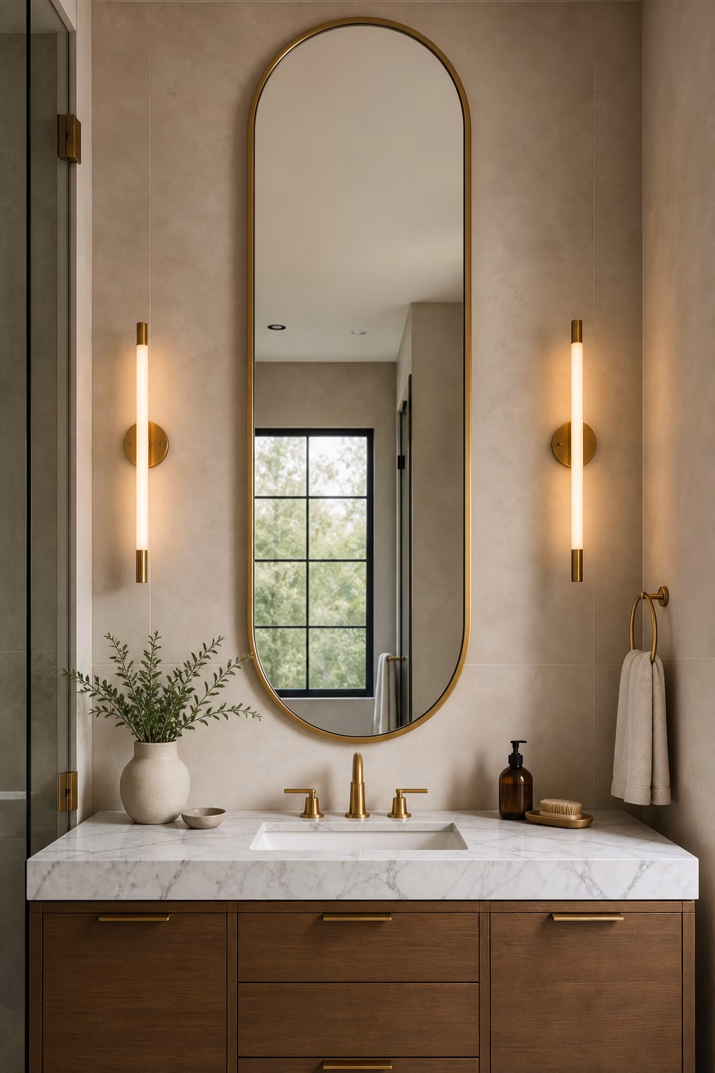 Tall pill shaped bathroom mirror with brass sconces and marble vanity top