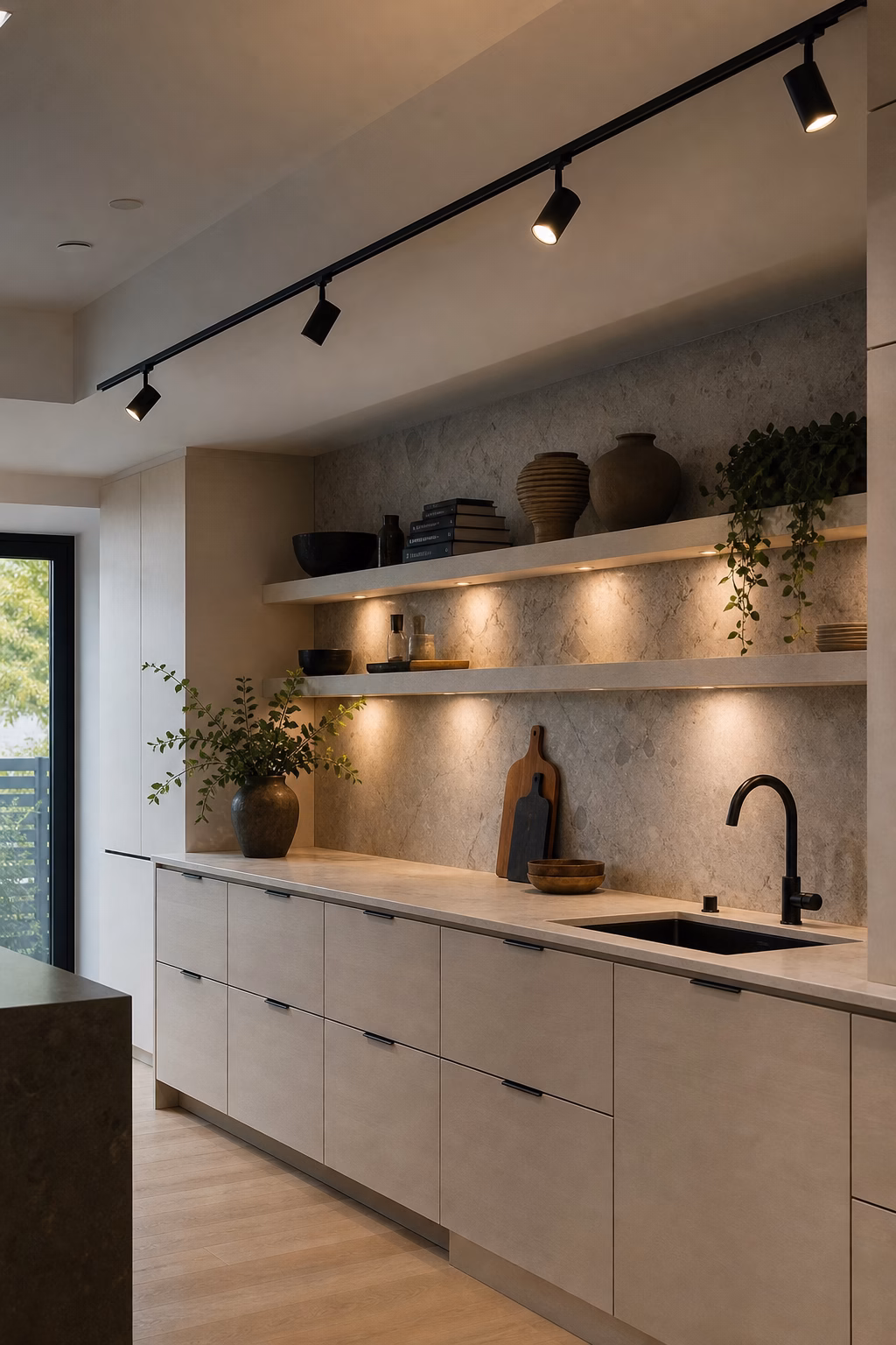 Modern kitchen with black track lighting aimed at counters and shelves