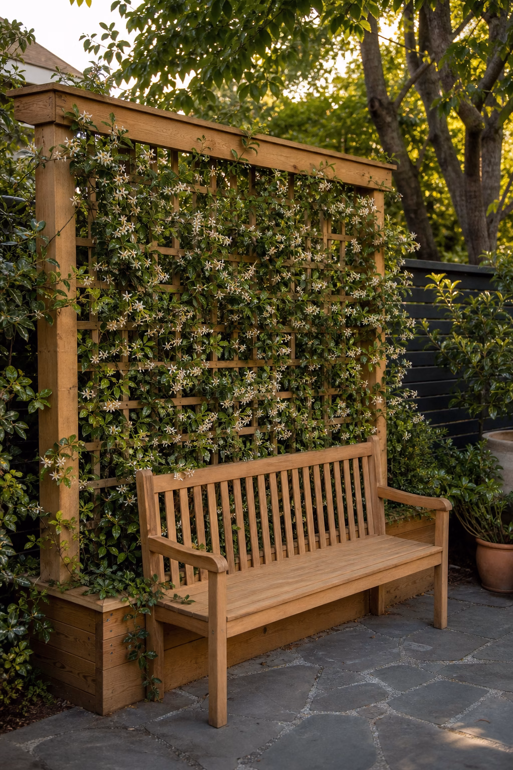 Freestanding trellis behind a backyard bench for privacy.