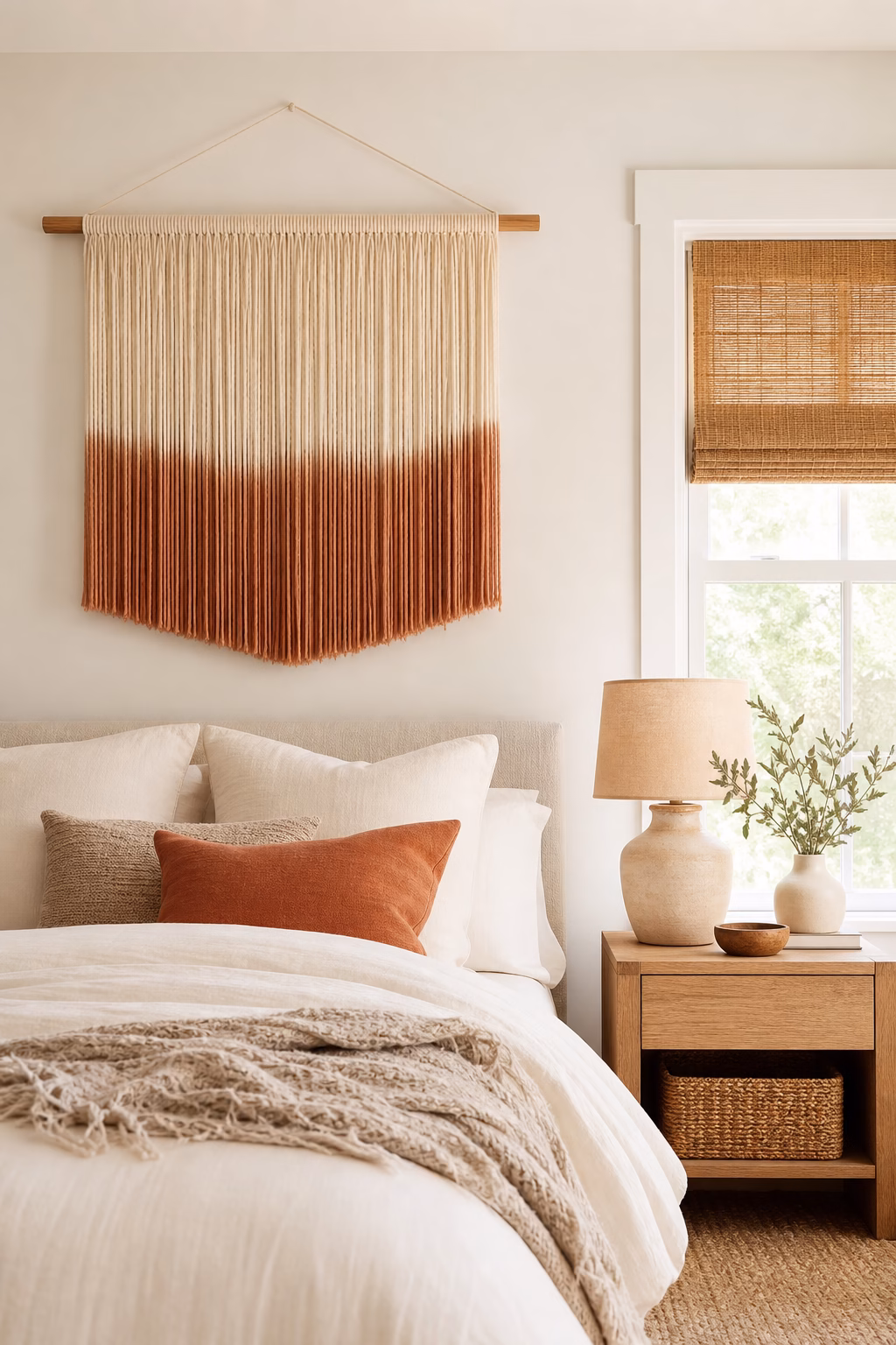 Sculptural fiber wall hanging adding texture to a high-ceiling living room.