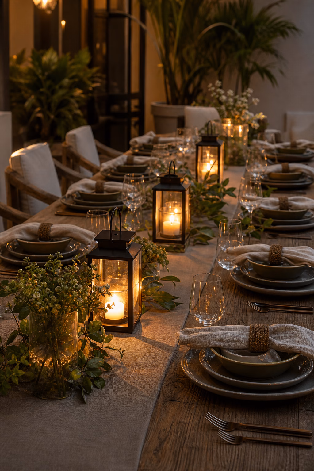 Mini lanterns clustered along a dining table centerpiece