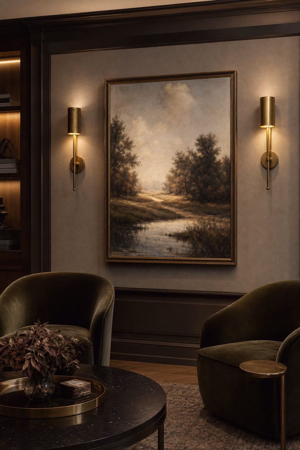 Living room artwork paired with warm brass wall sconces