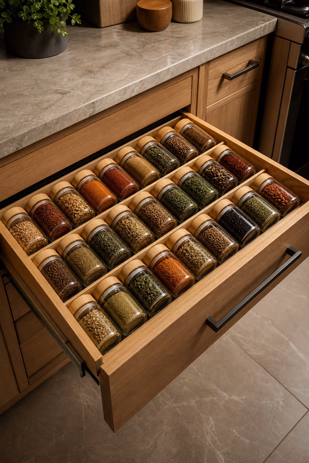 Open oak spice drawer with rows of small glass jars and bamboo dividers