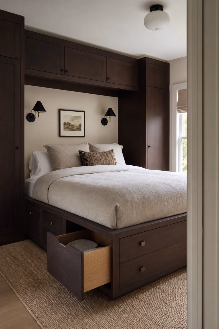 Dark walnut storage bed in a small bedroom with pale bedding and tailored contrast.