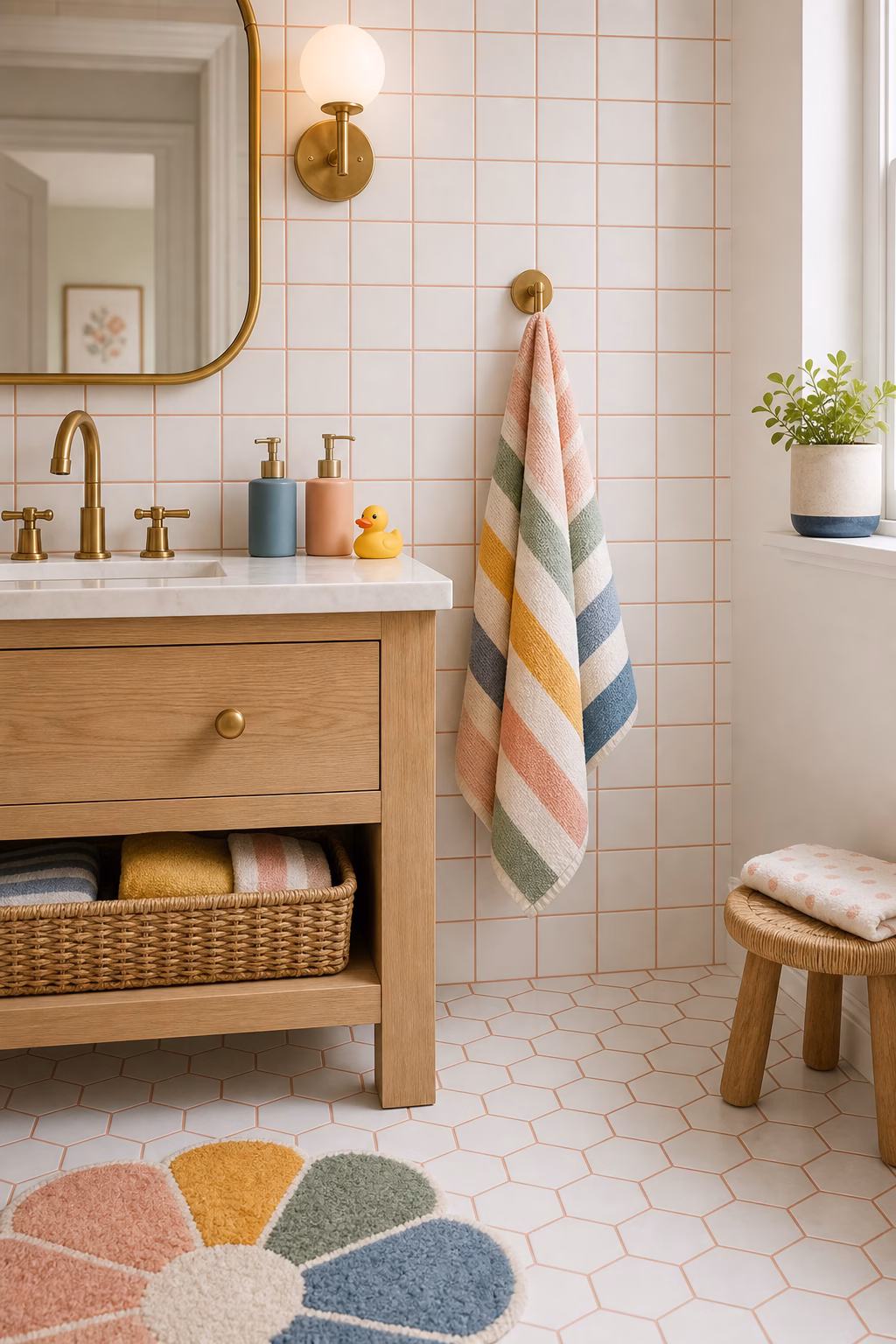use colorful grout for subtle personality shown in a polished kids bathroom with realistic materials and natural light.