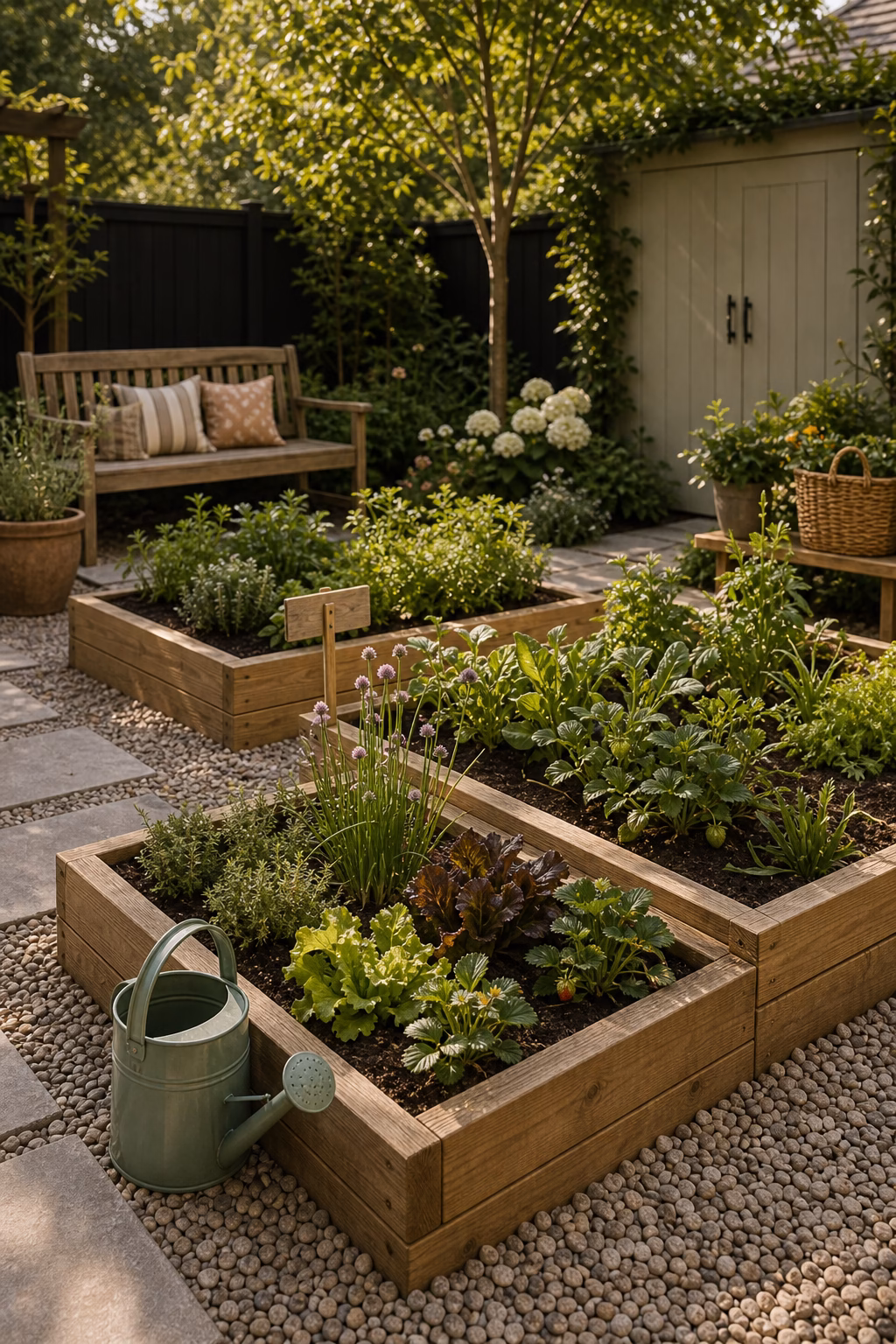 add garden beds children can tend shown in a polished kids backyard with realistic materials and natural light.